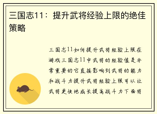 三国志11：提升武将经验上限的绝佳策略